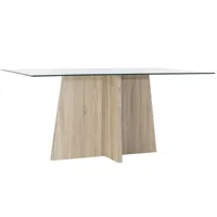 table à manger table repas en mdf coloris naturel et verre transparent - longueur 160 x hauteur 90 x profondeur 75 cm
