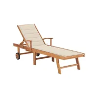 chaise longue  bain de soleil transat avec coussin crème bois de teck solide meuble pro frco38424