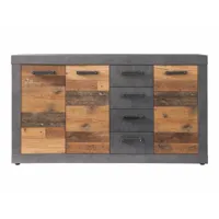 indy - meuble chambre. commode avec 4 tiroirs en mélaminé coloris gris ciment portes bois effet vieilli. l - h - p : 151 - 86 - 37 cm.