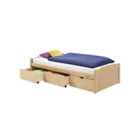 lit fonctionnel mia lit simple 90 x 200 cm pour enfant et adulte avec rangements 3 tiroirs, en pin massif lasuré couleur hêtre