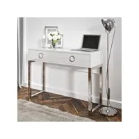 bureau console avec 2 tiroirs collection melton coloris blanc, pieds en fer chromés.