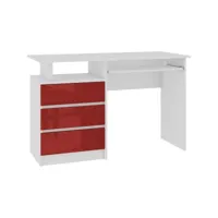 toska - bureau informatique droit 135x77x60cm - grand plateau 3 tiroirs - blanc/rouge laqué
