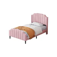 lit enfant 90x200 cm, lit simple avec sommier à lattes, tissu en velours, rose