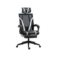 fauteuil de bureau gamer - pivotant, inclinable - support lombaire, tétière, repose-pied inclus - revêtement synthétique et polyester blanc noir