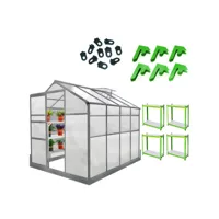 serre jardin  1.8mx2.4m cadre aluminium avec fenêtre polycarbonate porte coulissante & 2 étagères de rangement imperméable - horticulture jardinage 26218
