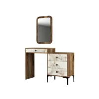 coiffeuse 4 tiroirs avec miroir mural secondo bois et blanc effet marbre