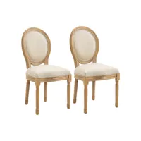 lot de 2 chaises de salle à manger - chaise de salon médaillon style louis xvi - bois massif sculpté, patiné - aspect lin beige