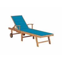 transat chaise longue bain de soleil lit de jardin terrasse meuble d'extérieur avec coussin bleu bois de teck solide helloshop26 02_0012309
