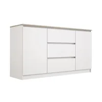 commode 3 tiroirs et 2 portes blanc chêne top, l : 140 cm, h: 101 cm, p : 39 cm, meuble de rangement