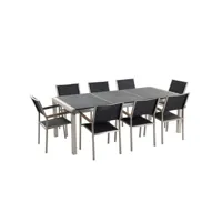 table de jardin acier inox - plateau granit triple noir flambé 220 cm avec 8 chaises en textile noir - grosseto 18967