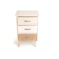 meuble de rangement, commode bois blanc beige motif ethnique scandinave 3 tiroirs poignée effet cuir 40x29x66cm