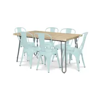 pack table à manger - design industriel 150cm + pack de 6 chaises à manger - design industriel - hairpin stylix vert pâle