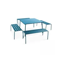 ensemble table de jardin carrée et 4 bancs en métal bleu pacific - palavas