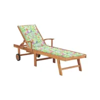 chaise longue avec coussin à motif de feuilles teck solide