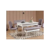 set table extensible, 2 chaises, banc et banquette malva bois blanc et tissu gris