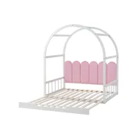 lit enfant 140x100(200) cm, lit gigogne avec sommier à lattes, cadre en pin, tissu en velours, blanc + rose