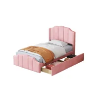lit rembourré 90 x 200 cm, lit d'enfant avec 2 tiroirs de rangement, avec tête de lit, pied de lit et sommier à lattes, rose