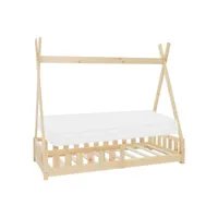 lit d'enfant tipi + matelas lit avec antichutes en bois de pin naturel 80x160 cm 490007361