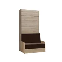 armoire lit escamotable dynamo sofa canapé accoudoirs chêne naturel tissu marron 90*200 cm 20100892904