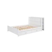 lit double lit en bois massif 140x200 avec rangements et quatre tiroirs, blanc