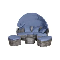 lit canapé de jardin modulable grand confort pare-soleil pliable 5 coussins 3 oreillers 180l x 175l x 147h cm résine tressée grise polyester bleu