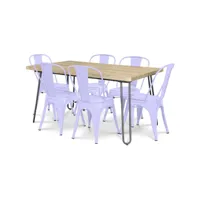 pack table à manger - design industriel 150cm + pack de 6 chaises à manger - design industriel - hairpin stylix lavande