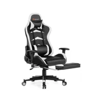 giantex chaise gaming cuir pvc, siège gamer ergonomique pivotant, fauteuil de bureau réglable en hauteur et accoudoirs réglables, repose-pieds rétractable et dossier réglable charge 150kg blanc