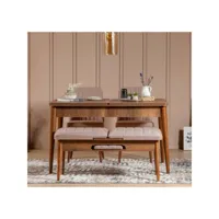 set table extensible 2 chaises et banquette malva bois foncé et tissu beige