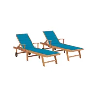 lot de 2 transats chaise longue bain de soleil lit de jardin terrasse meuble d'extérieur avec coussin bleu bois de teck solide helloshop26 02_0012027