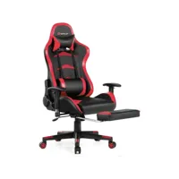 giantex chaise gaming cuir pvc, siège gamer ergonomique pivotant, fauteuil de bureau réglable en hauteur et accoudoirs réglables, repose-pieds rétractable et dossier réglable charge 150kg rouge