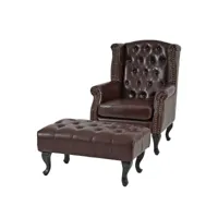 fauteuil de relaxation chesterfield, cuir synthétique ~ brun antique avec repose-pied