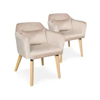 chaise avec accoudoirs velours beige et pieds bois clair biggie - lot de 2