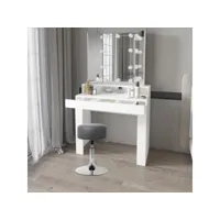 ml-design coiffeuse table de maquillage blanc 89,5x155x43,5 cm avec miroir pliable et tabouret gris foncé, guirlande lumineuse led, tiroir, 3 compartiments de rangement, bois mdf, commode cosmétiques 490005277