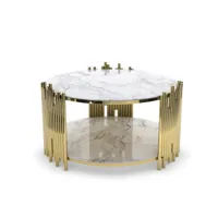 table basse ronde en verre effet marbre blanc et métal doré oriana