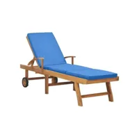 transat chaise longue bain de soleil lit de jardin terrasse meuble d'extérieur avec coussin bois de teck solide bleu helloshop26 02_0012428