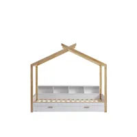 lit gigogne 90 x 200+90 x 190cm, lit cabane pour enfant, avec sommier à lattes + 4 étagères compartiments, design unique, mdf+pin, blanc+naturel