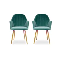 chaise avec accoudoirs velours vert et métal doré lucy - lot de 2