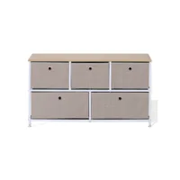 rebecca mobili meuble de rangement bas chiffonier à 5 tiroirs en metal et tissu blanc beige re6750