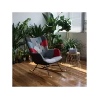 fauteuil à bascule allaitement scandinave chaise loisir et repos en tissu patchwork avec pieds en e' bois métal pour salon, chambre, le balcon, multicolore