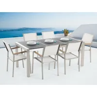 table de jardin en plateau granit noir flambé 180 cm et 6 chaises blanches grosseto 34385