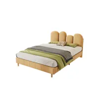 lit enfant rembourré en velours avec led sous le lit - tête en forme de pouce - sommier à lattes en bois - 140x200 cm - jaune