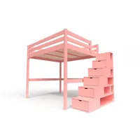 lit mezzanine bois avec escalier cube sylvia 160x200  rose pastel cube160-rosepas