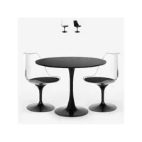 table cuisine ronde noire 80cm 2 chaises transparentes tulipe almat - transparent - noir