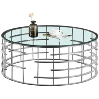 table basse design plateau en miroir avec piètement en acier inoxydable argenté collection dora l. 110 x p. 110 x h. 42 cm viv-96686