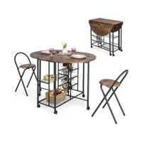 giantex ensemble table à manger et 2 chaises pliables, table polyvalente pliable extensible à 6 roulettes & 2 étagères & 4 paniers coulissants, pour salle à manger cuisine salon, industriel (marron)