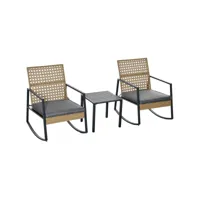 ensemble de jardin 3 pièces style colonial 2 fauteuils à bascule avec coussins assise gris table basse métal époxy résine tressée beige