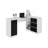 balaur - bureau informatique d'angle moderne 155x85x77cm - 3 tiroirs gloss  - table ordinateur multi-rangements - blanc/noir laqué