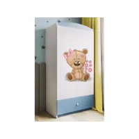 armoire enfant ourson avec fleurs 2 portes 1 tiroir de rangement - bleu