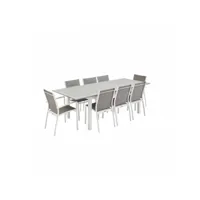 salon de jardin - chicago blanc - taupe - table extensible 175-245cm avec rallonge et 8 assises en textilène