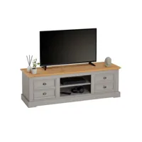 meuble tv kent banc télévision en pin massif lasuré gris et brun 144 x 46 x 45 cm, avec 4 tiroirs et 2 niches
